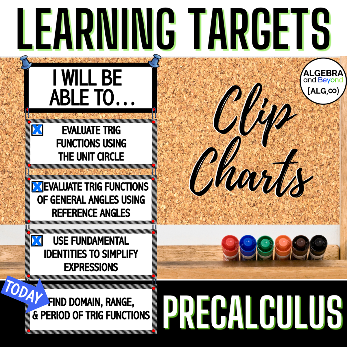 Precalculus learning targets clip chart for classroom objectives