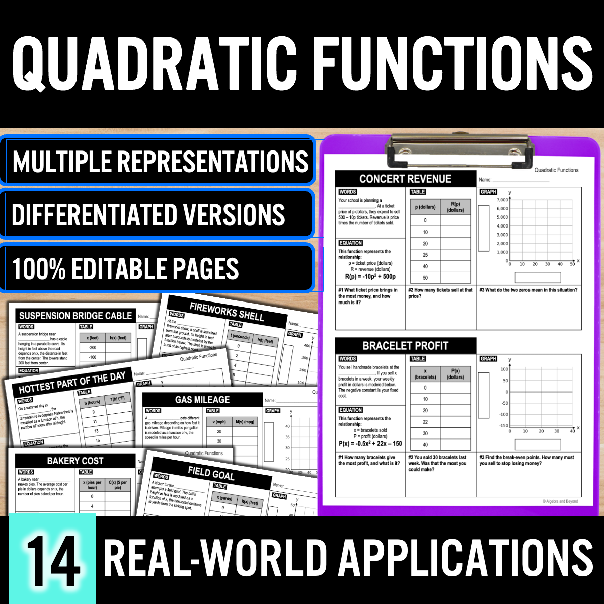 Quadratic functions real world applications for Algebra 2